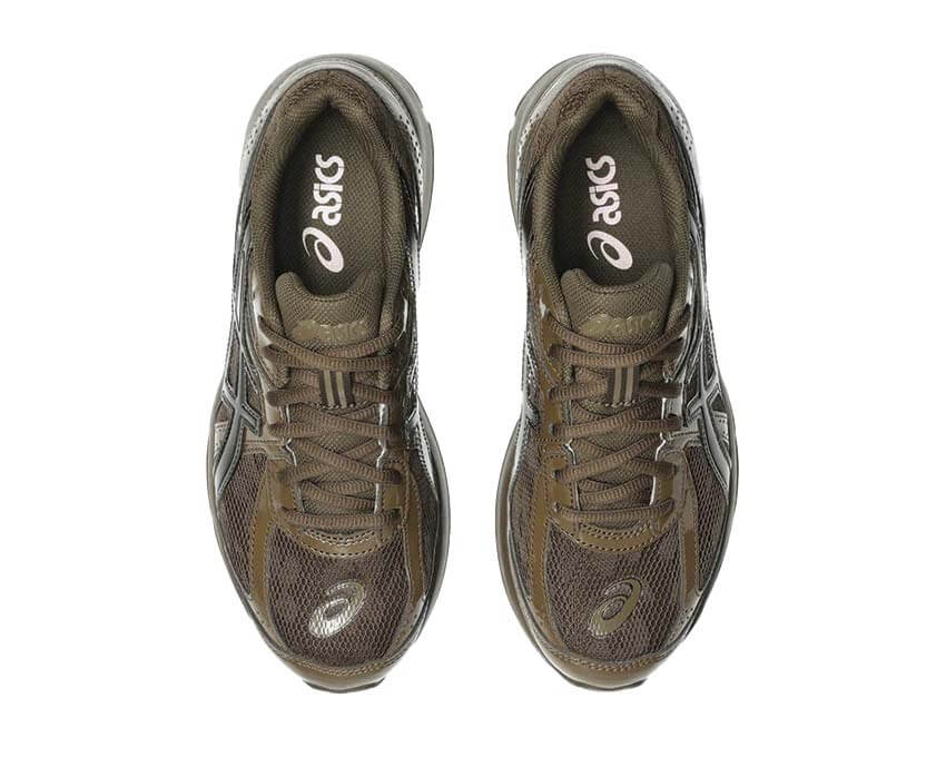 Asics Jog 100S Brown Storm détail — suède et mesh premium rétro