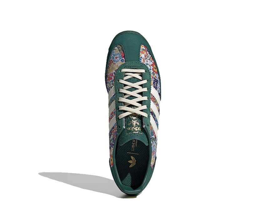 Adidas SL 72 OG x Liberty London dettaglio — ricamo floreale e tomaia Collegiate Green