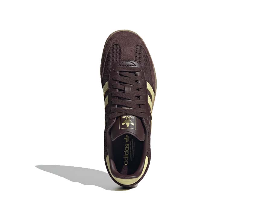 Adidas Samba OG Shadow Brown dettaglio — tomaia in pelle con inserto T-toe