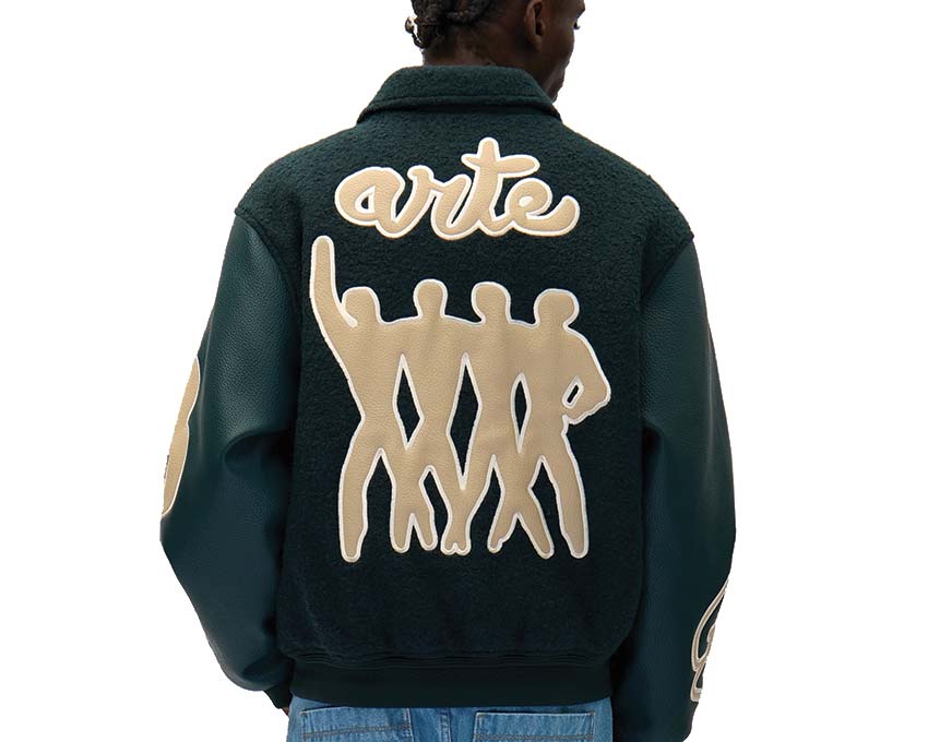 Arte Varsity Jacket Green Seitenansicht — Kontraststreifen College-Stil