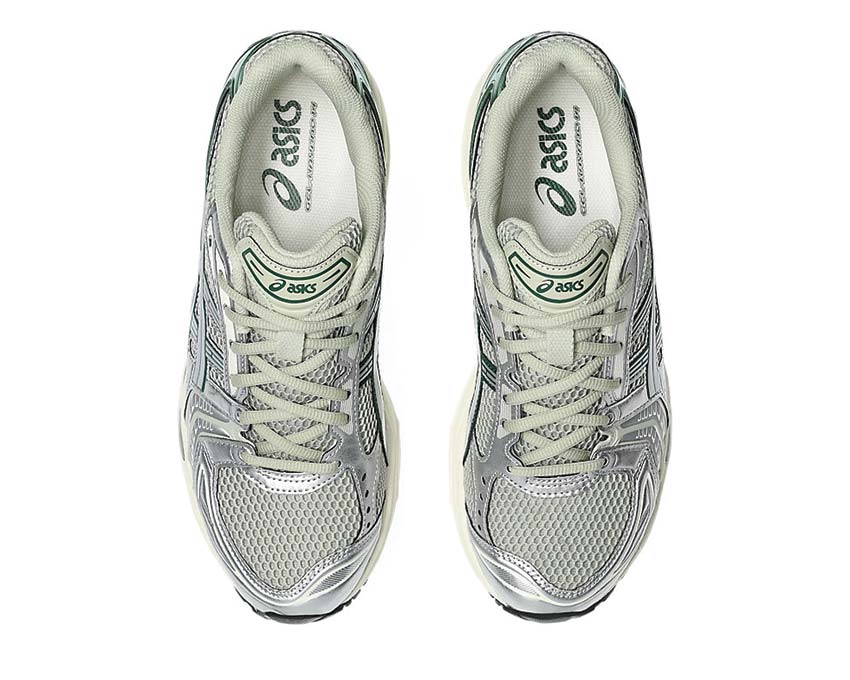 Asics Gel Kayano 14 Dried Leaf Green détail — cuir synthétique mesh