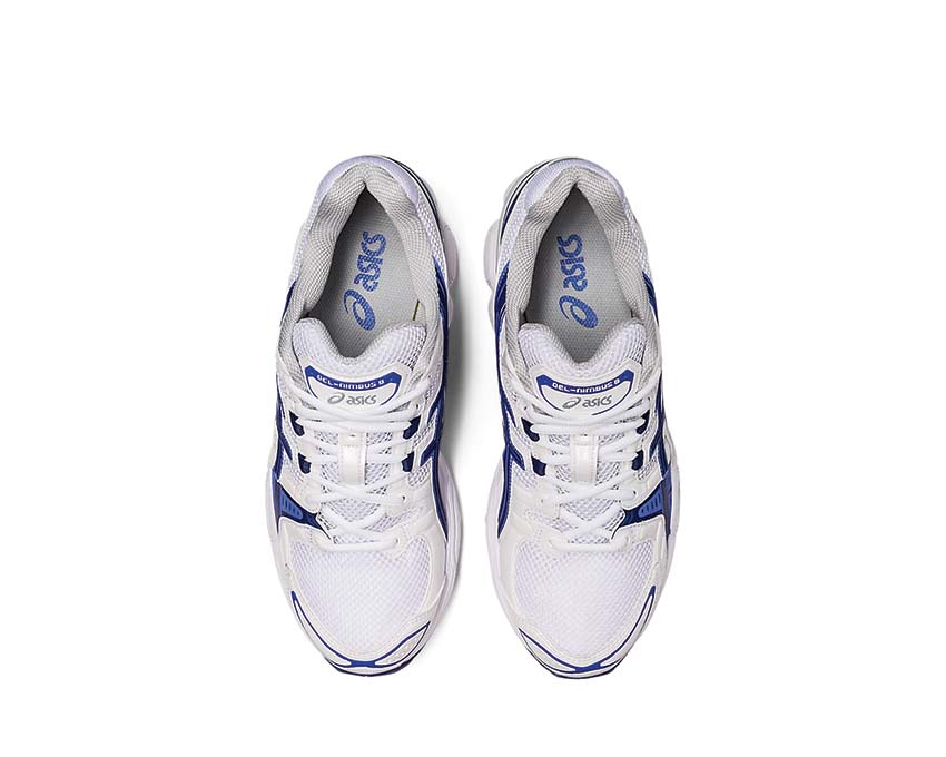 Asics Gel Nimbus 9 White/Indigo Blue arrière — amorti Gel talon