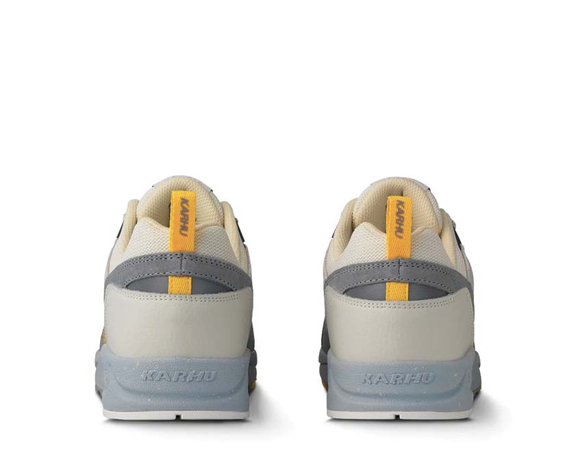 Karhu Fusion 2.0 Limestone Bright White Detail — Premium-Leder und Mesh Verarbeitung