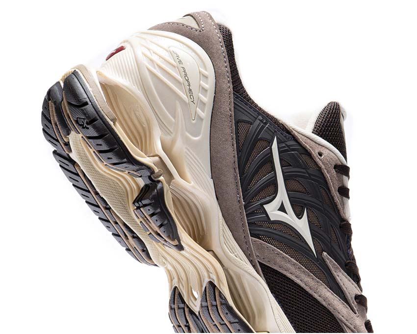 Mizuno Wave Prophecy LS Mole/Pristine/Fungi détail — tige mesh premium