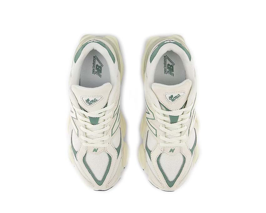 New Balance 9060 Linen Dark Juniper dettaglio — cuciture tono su tono