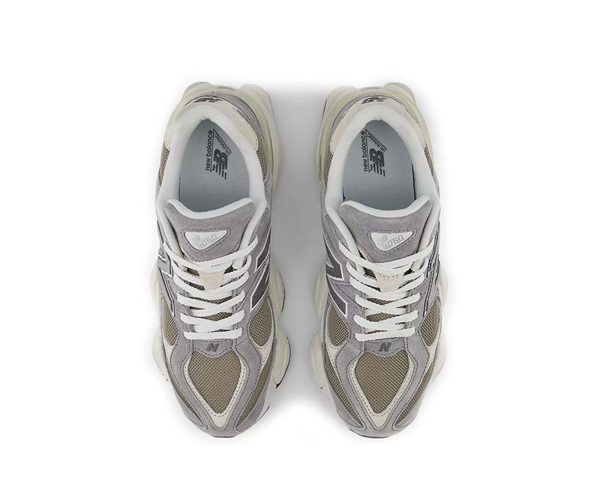 New Balance 9060 Slate Grey/Arid Stone/Timberwolf dettaglio — inserti in nubuck e mesh