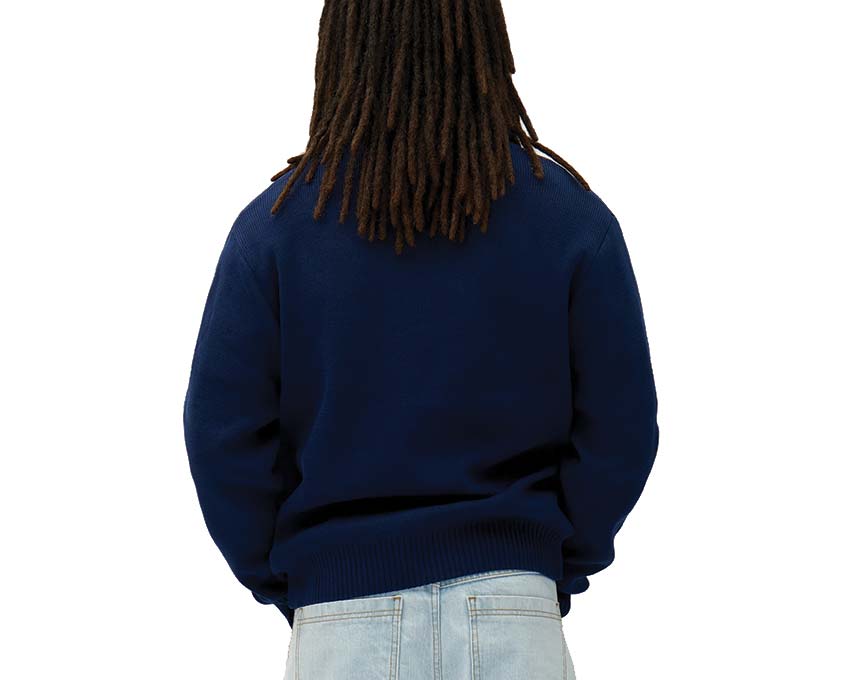 Arte Bird Logo Knit Navy dettaglio — motivo uccello maglia
