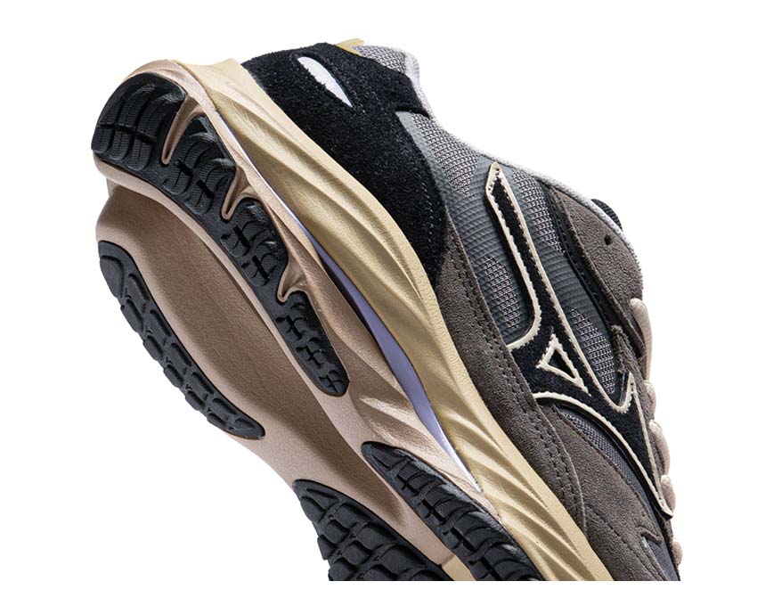Mizuno Wave Rider Beta White Sand Grey Stone dettaglio — ammortizzazione Wave visibile