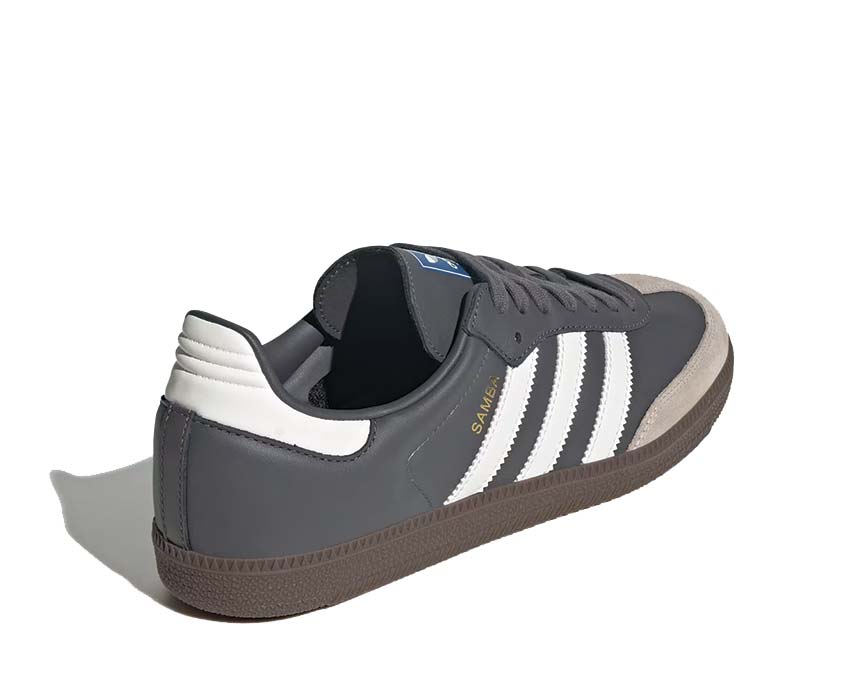 Adidas Samba OG Grey Five détail — empiècements cuir et bandes