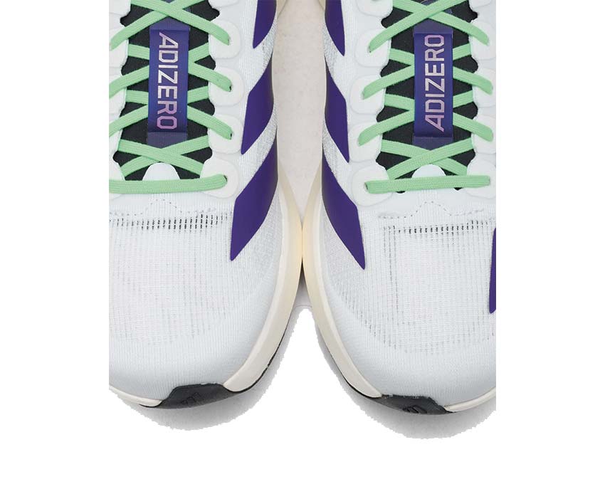 Adidas Adizero Evo SL White Blue vue latérale — profil bas dynamique
