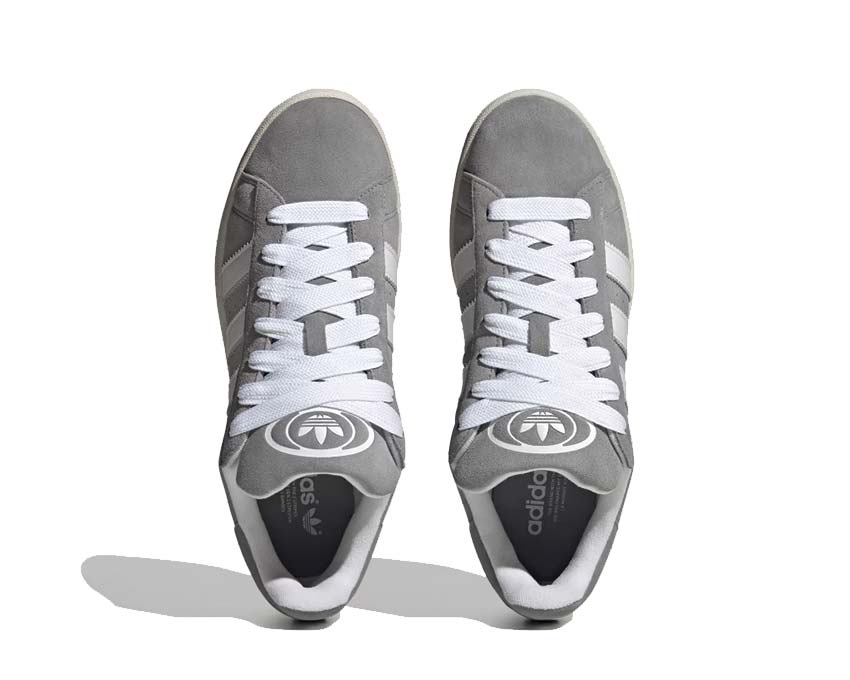 Adidas Campus 00s Grey Three Cloud White detail — full-grain leather upper and three stripes