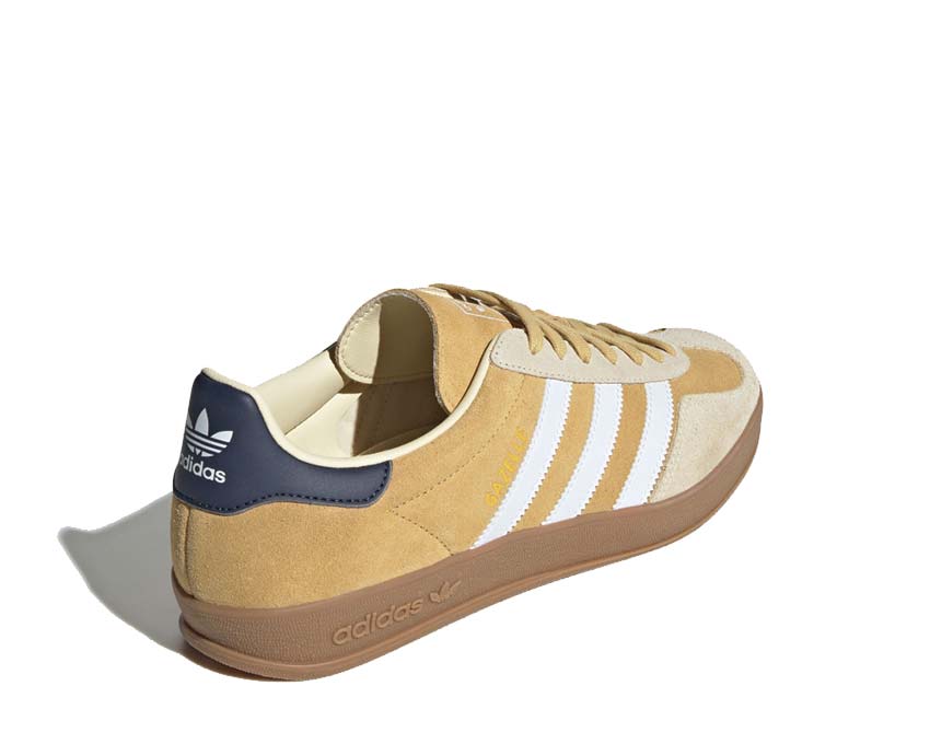 Adidas Gazelle Indoor Oat detail — embroidered trefoil logo and flat laces