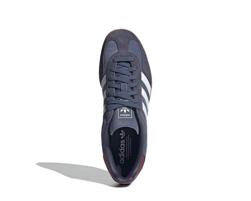 Adidas Gazelle Indoor Shadow Navy detail — contrasting trefoil logo and Three Stripes