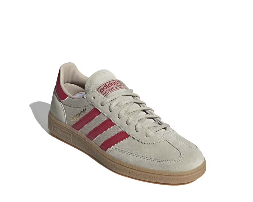 Adidas Handball Spezial Putty Grey vista lateral — 3 rayas gamuza perfil bajo vintage
