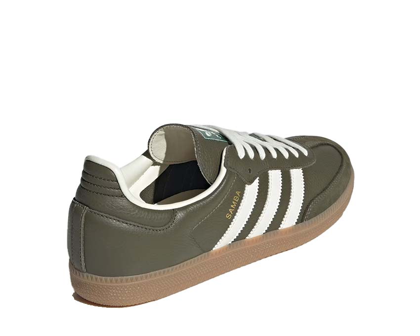 Adidas Samba OG Dark Khaki détail — surpiqûres cuir premium