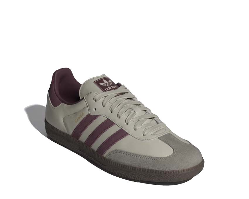 Adidas Samba OG Putty Grey Maroon Seitenansicht — 3 Streifen Gold Metallic Leder