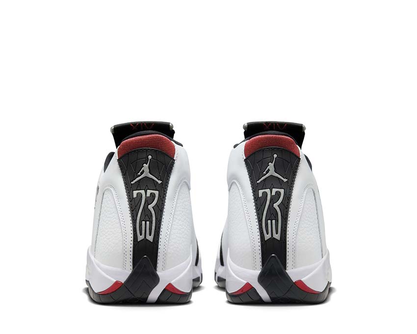 Air Jordan 14 Retro Black Toe White Red detail — upper black varsity red leather