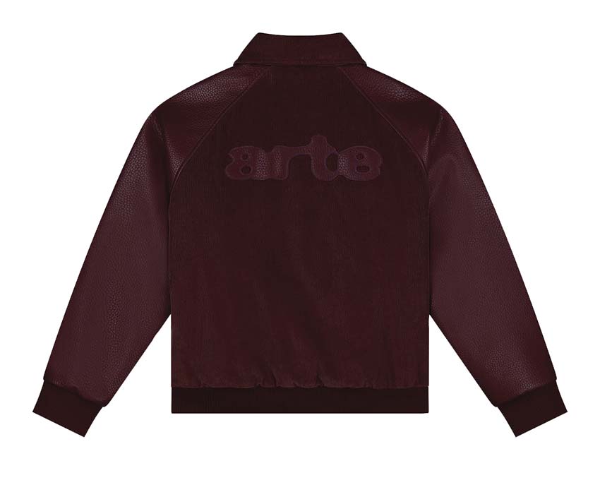 Arte Varsity Jacket side view — unisex varsity jacket contrast sleeves