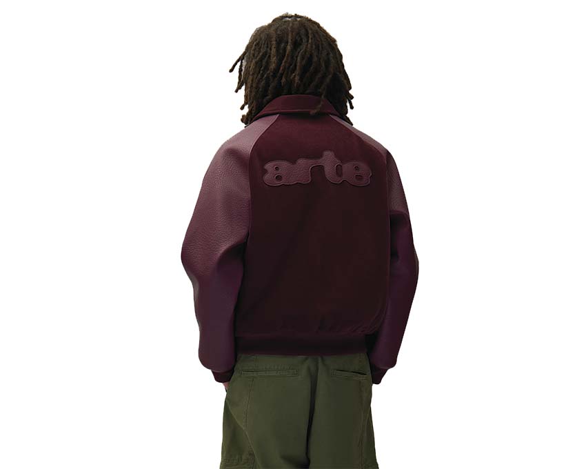 Arte Varsity Jacket detail — back and logo unisex varsity jacket