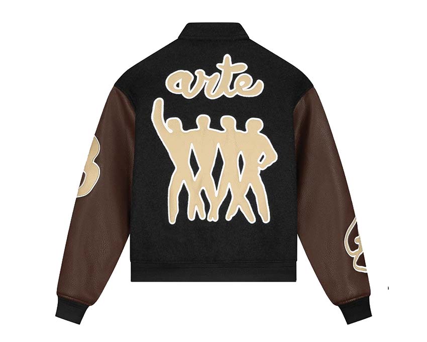 Arte Varsity Jacket Black Brown vista laterale — bande cuoio bicolore