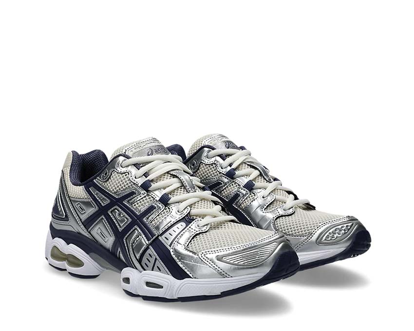 Asics Gel-Nimbus 9 Oatmeal/Indigo Fog vue latérale — tige mesh respirante