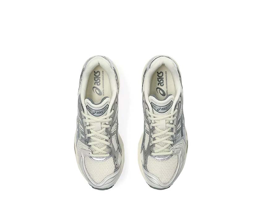 Asics Gel Kayano 14 Birch/Dark Pewter rear view — Gel heel cushioning