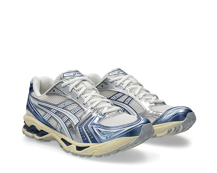 Asics Gel Kayano 14 Cream/Denim Blue Seitenansicht — atmungsaktives Mesh-Obermaterial