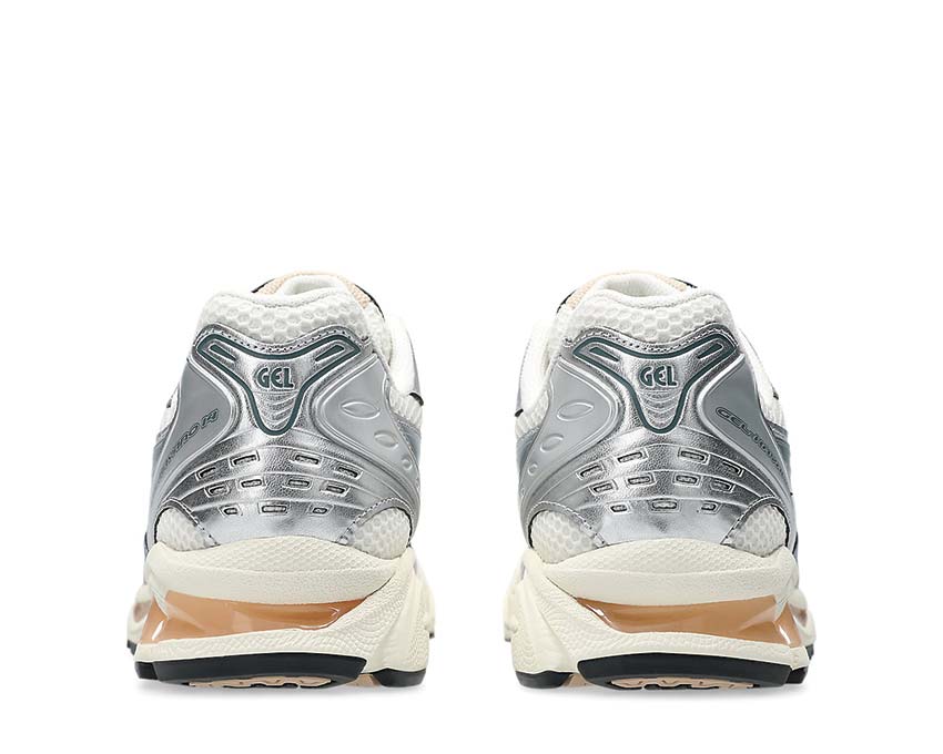 Asics Gel Kayano 14 Cream/Ironclad détail — cuir synthétique mesh