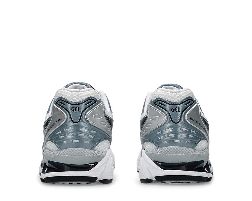 Asics Gel Kayano 14 White/Fjord Grey détail — cuir synthétique et mesh