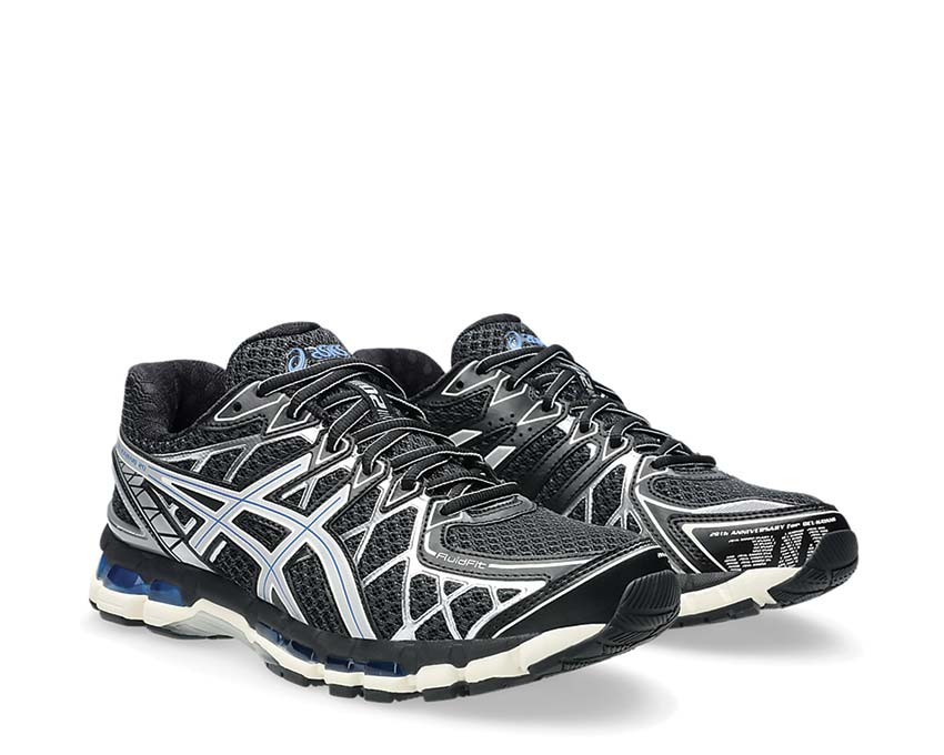 Asics Gel Kayano 20 Black Silver Black/Pure Silver Seitenansicht — atmungsaktives Mesh-Obermaterial
