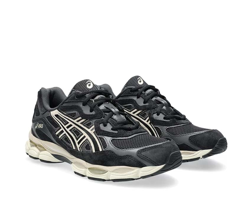 Asics Gel NYC Black/Black vue latérale — tige mesh cuir noir vintage