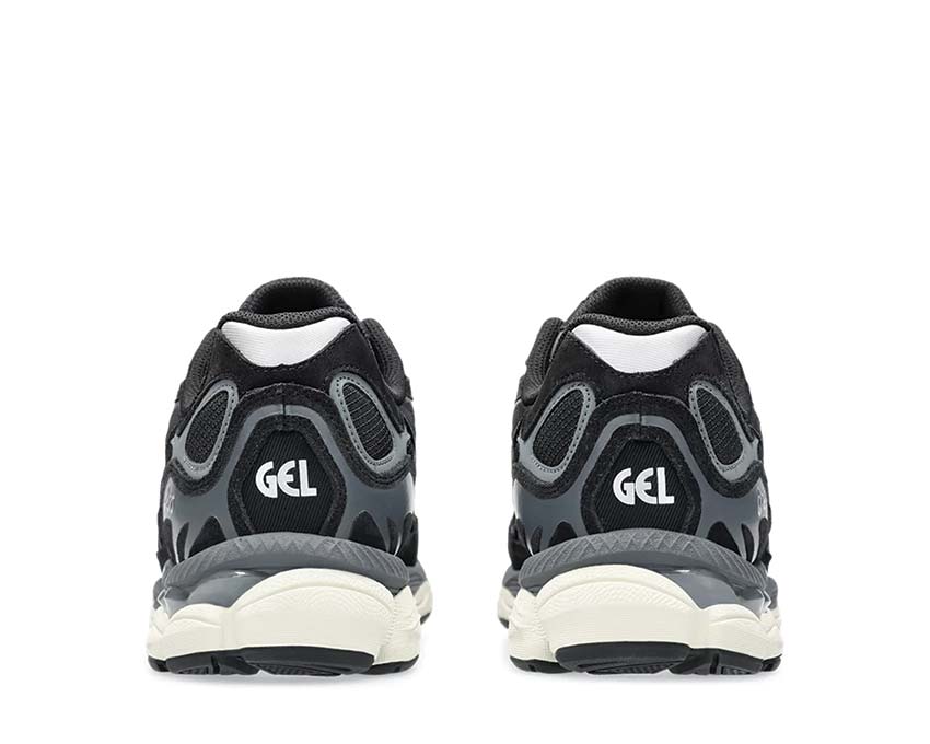 Asics Gel NYC Black/Black détail — mesh et cuir noir vintage