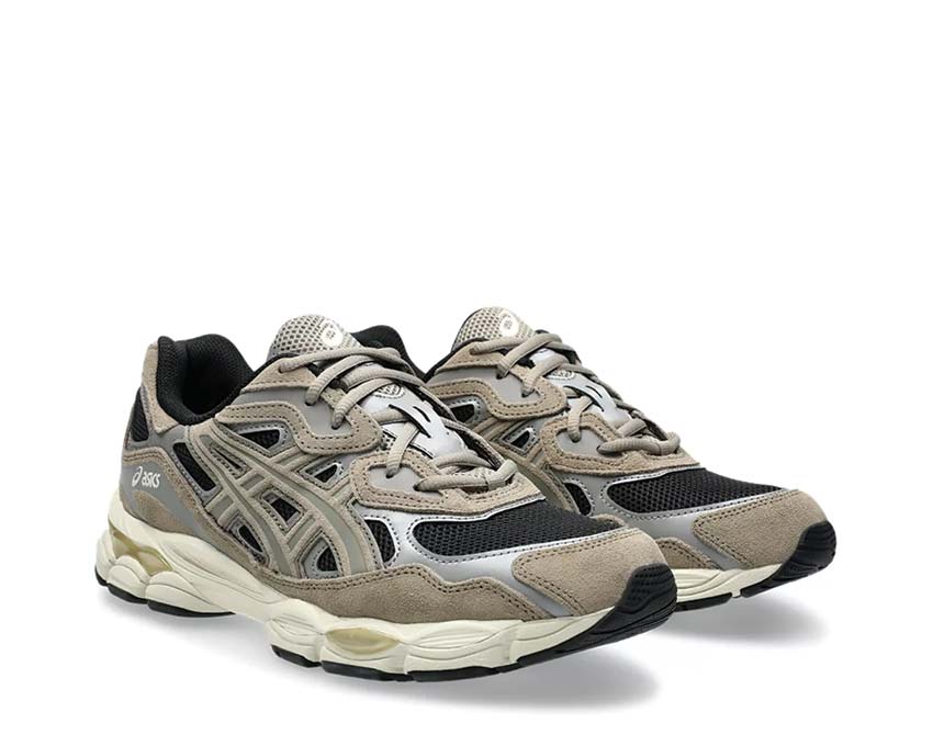 Asics Gel NYC Greige Black/Greige Seitenansicht — Mesh- und Vintage-Lederschaft