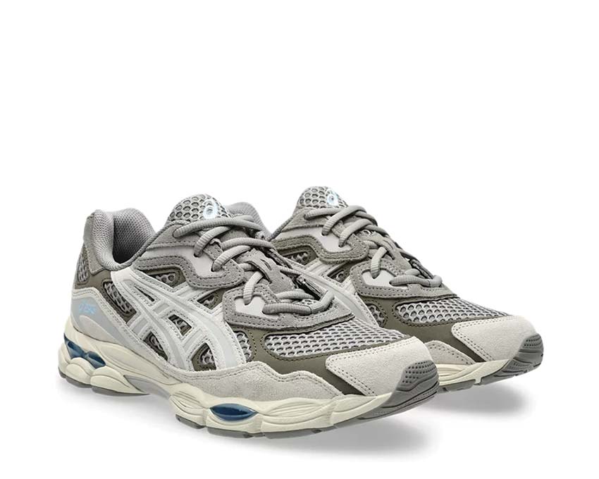 Asics Gel NYC Steeple Grey / Cream vue latérale — tige mesh et cuir vintage