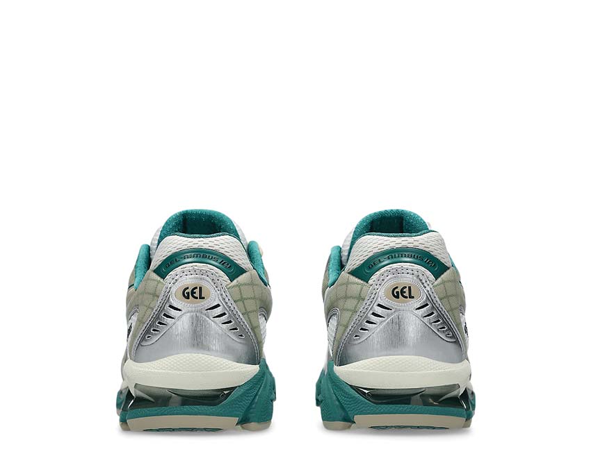 Asics Gel Nimbus 10.1 White/Rainy Lake détail — mesh et overlay structurant
