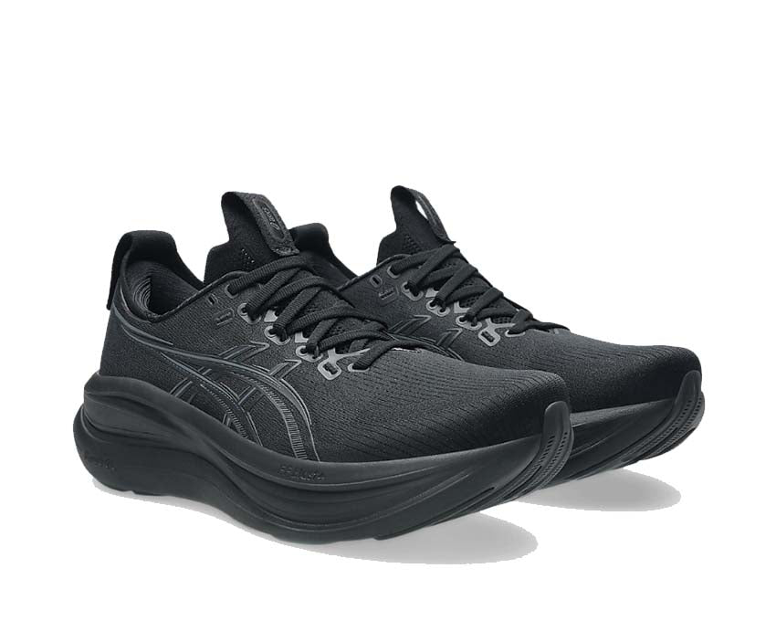 Asics Gel Nimbus 28 Black vue latérale — tige knit légère amorti max