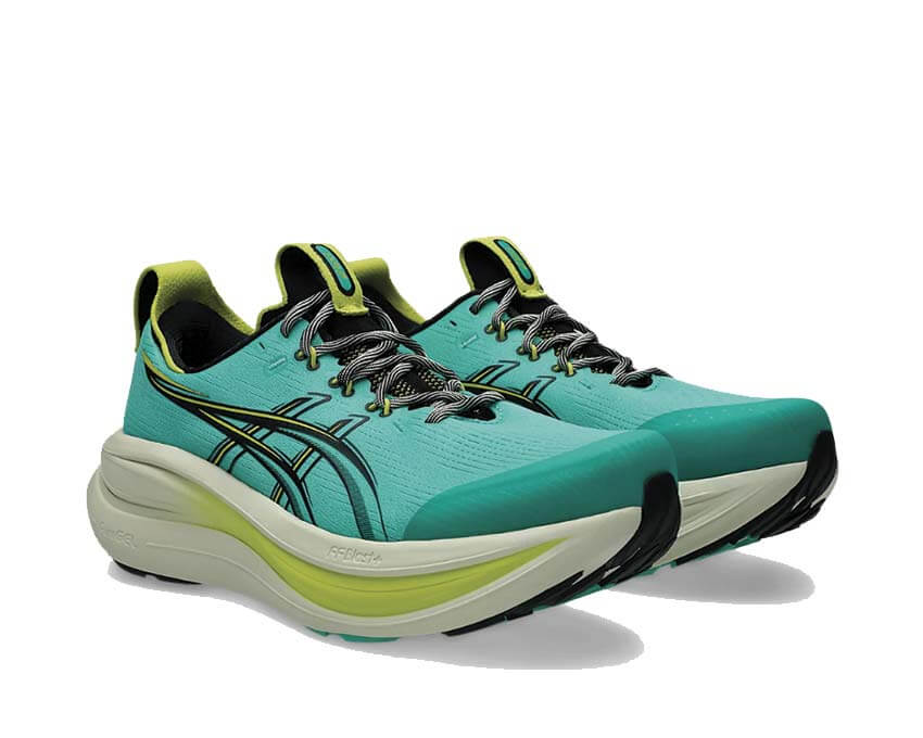 Asics Gel Nimbus 28 TR Aurora Green vue latérale — mesh trail ASICSGRIP