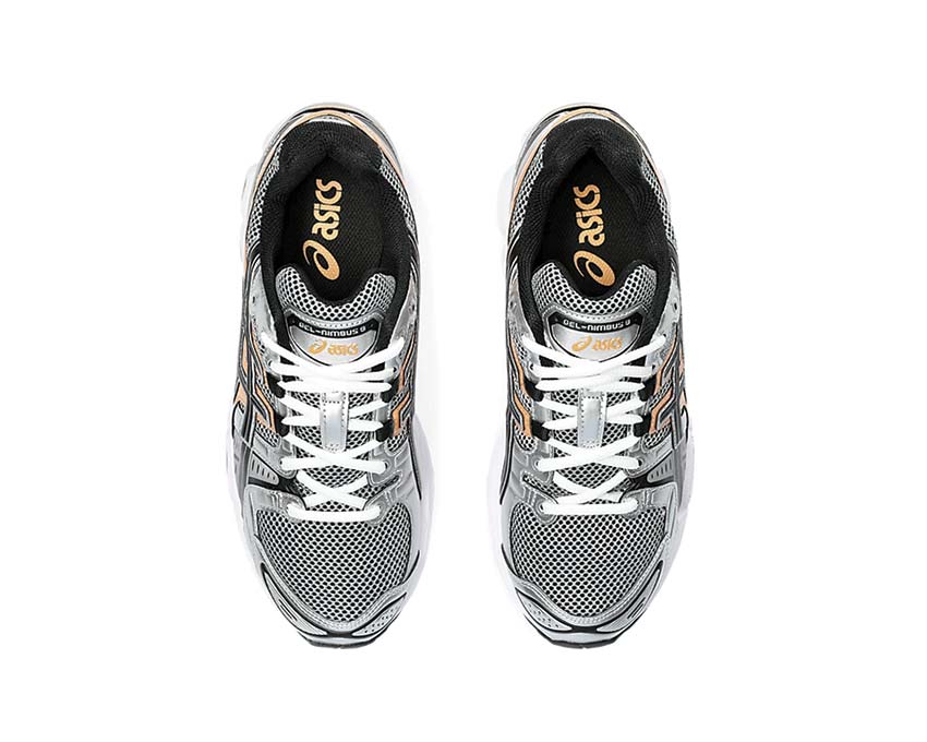 Asics Gel Nimbus 9 Sheet Rock/Orange Lily arrière — amorti Gel talon