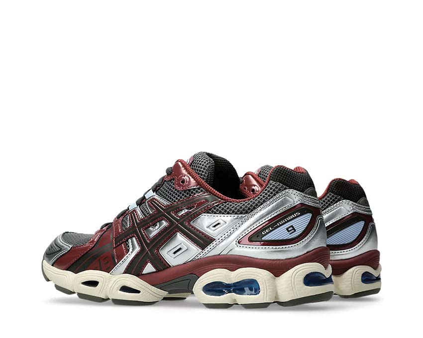 Asics Gel Nimbus 9 Truffle Grey Dark Cherry semelle — technologie GEL noirfonce.eu