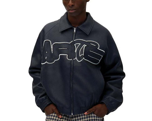 Arte Big Logo Leather Jacket Navy — giacca di pelle unisex grande logo navy