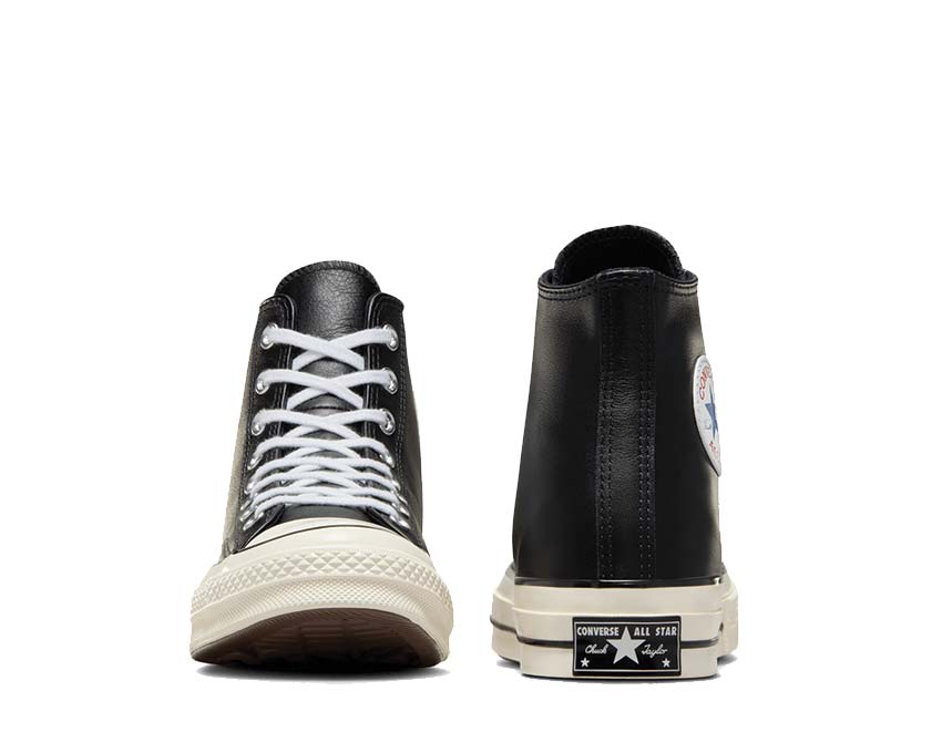 Converse Chuck 70 Hi Black/White/Egret detail — three-color ankle patch canvas