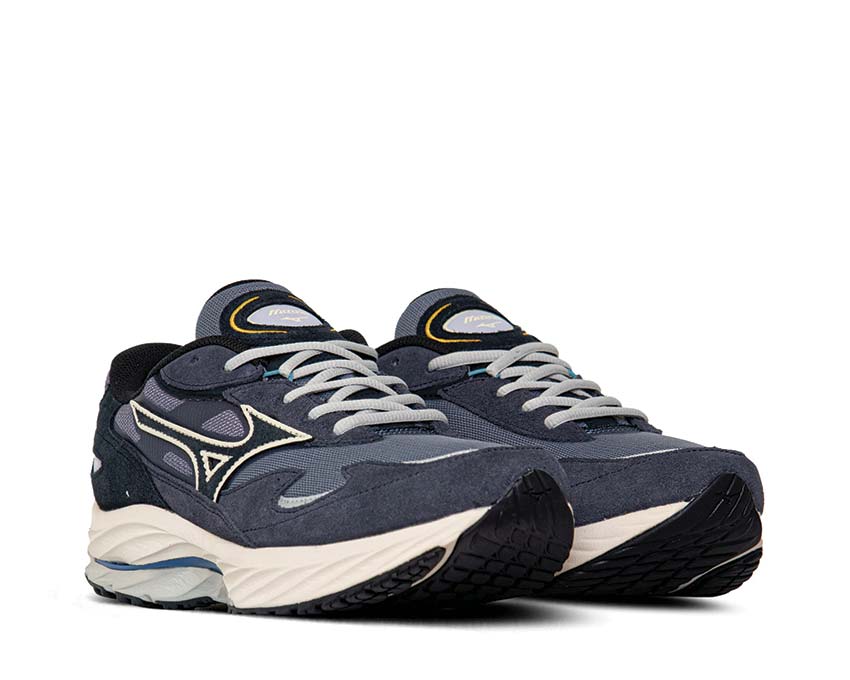 Mizuno Wave Rider β Blue Granite Salute Odyssey vue latérale — tige mesh bleu