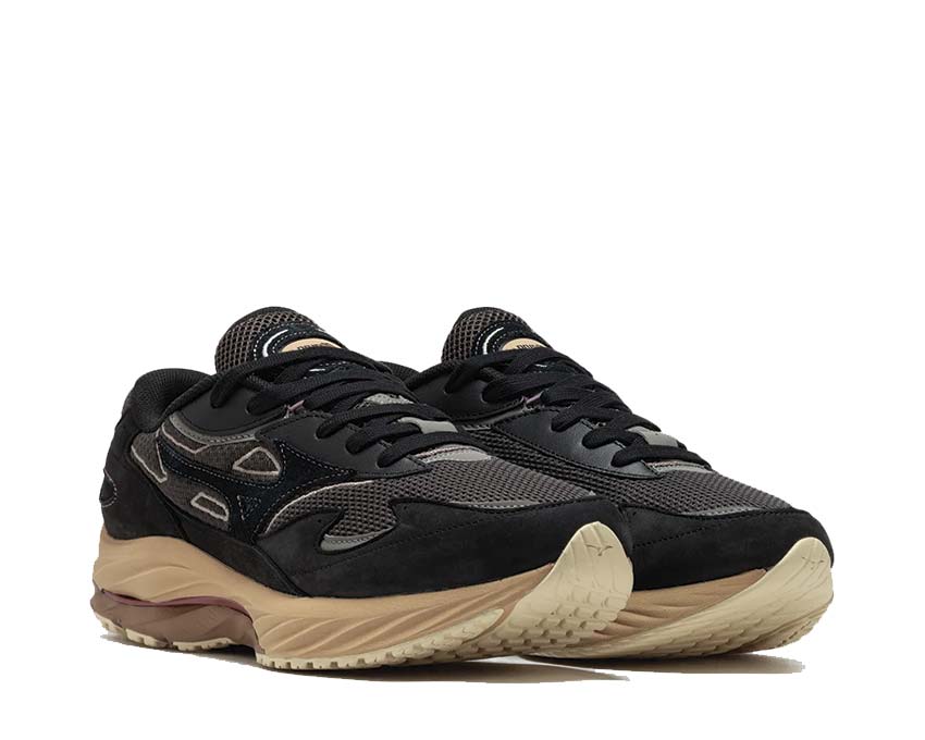 Mizuno Wave Rider β Premium Black Sand vue latérale — tige mesh premium