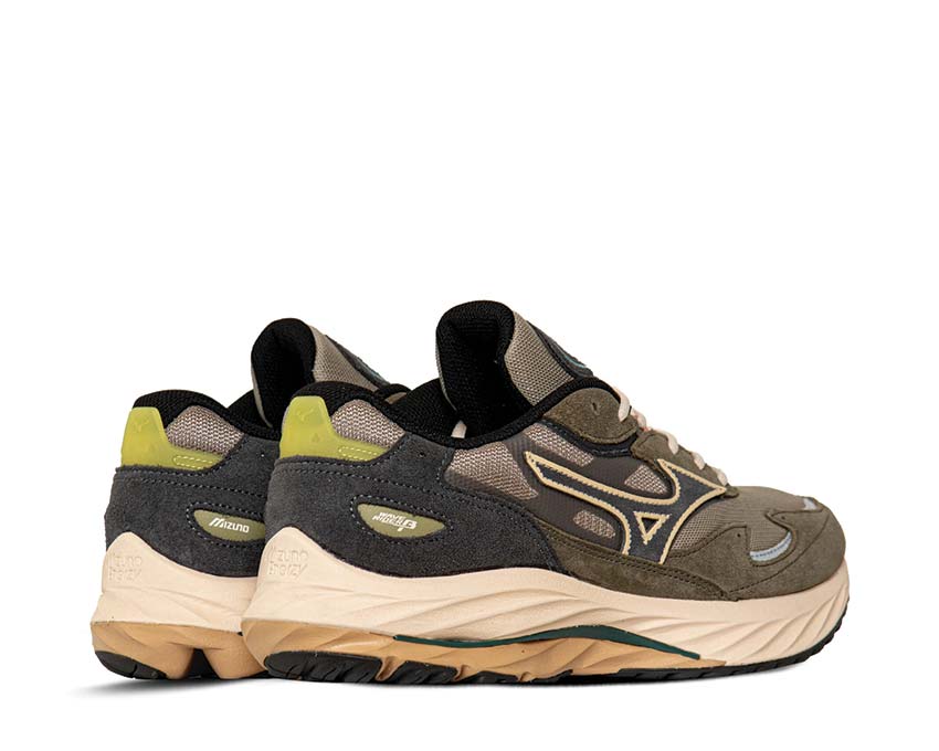 Mizuno Wave Rider β Vintage Khaki Black Sand Grape Detail — belüftetes Mesh