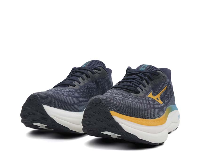Mizuno Wave Sky 9 Baritone Blue Citrus Capri vista lateral — amortiguación Sky