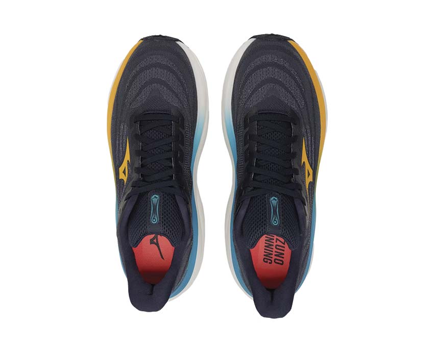 Mizuno Wave Sky 9 Baritone Blue Citrus Capri detalle — logo Mizuno