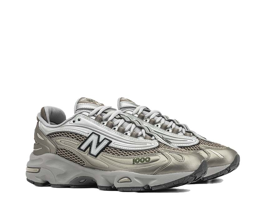 New Balance 1000 Arid Stone/Light Silver/Dark Alpine Green semelle — semelle crantée grip trail