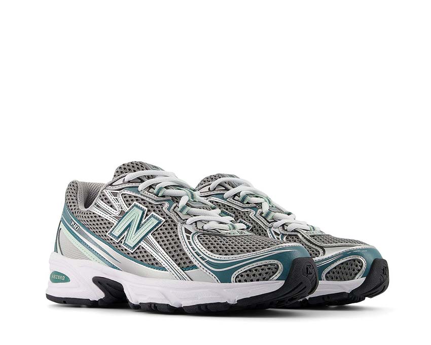 New Balance 740 Silver Metallic Green vista laterale — tomaia mesh traspirante