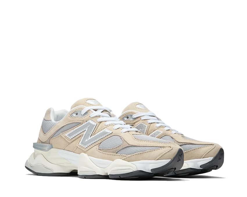 New Balance 9060 Beige vue latérale — tige mesh et suède superpositions