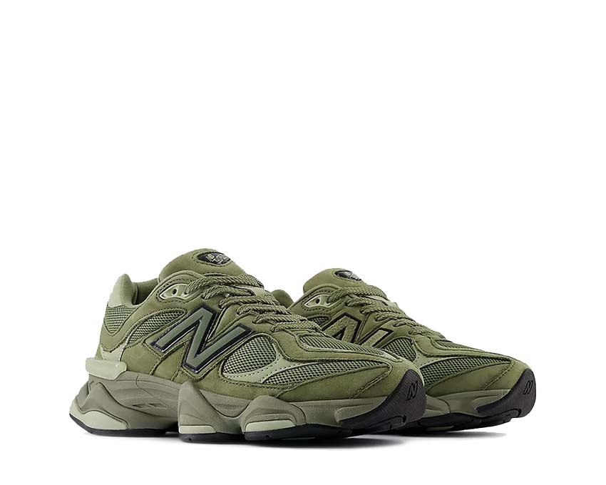 New Balance 9060 Dark Olivine vista laterale — tomaia multi-materiale